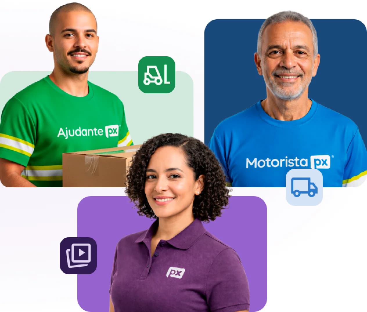 Profissionais da logística: ajudante, motorista e instrutora da Academia PX