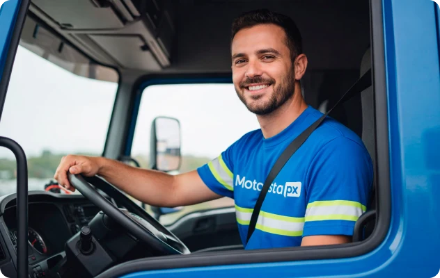Motorista sorrindo ao lado de caminhão da frota